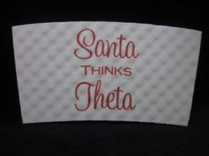 Santa THINKS Theta custom coffee cup sleeve on white with red text - Custom Cup Sleeves Smyrna, TN