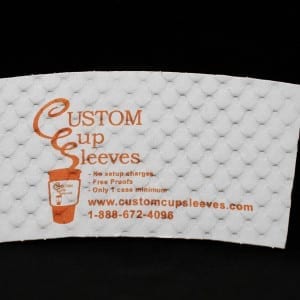 Custom coffee cup sleeve on white with orange text - Custom Cup Sleeves Smyrna, TN