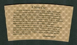 A New Car - Short Story custom cup sleeve on natural with black text - Custom Cup Sleeves Smyrna, TN